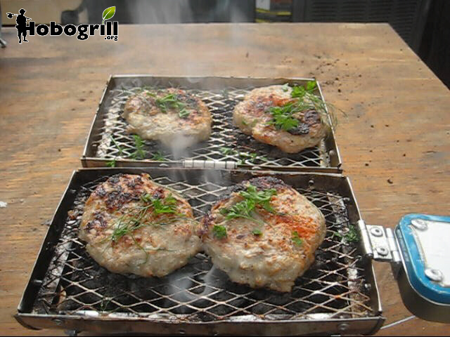 portable charcoal grill cooks on both sides, here gourmet turkey burgers